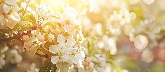 Aufkleber - Close up macro shot of white apple trees in blossom under the sunny light creating a beautiful summer spring background Appreciating nature with copy space image