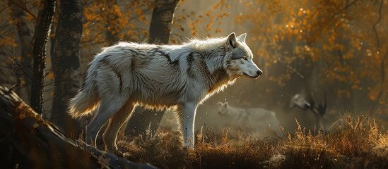 Poster - An Arctic Wolf standing gracefully in a wooded area with empty space for additional images