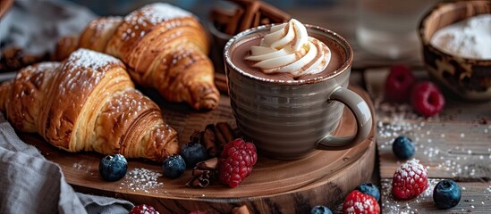 Poster - A cozy image of hot chocolate with French croissants berries on a wooden board suitable for adding text Focus is selective. Creative banner. Copyspace image