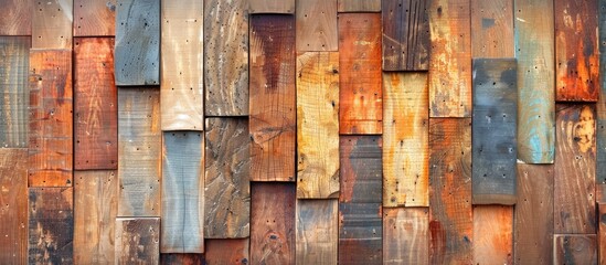 Sticker - Detailed close up of a wall panel constructed from wooden table planks displaying an abstract surface with copy space image