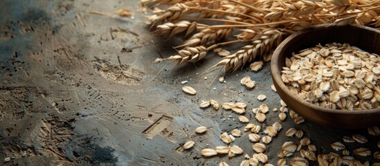 Poster - A bountiful harvest of oat ears displayed on a wooden table with a bowl of healthy and fresh dry oatmeal in a copy space image