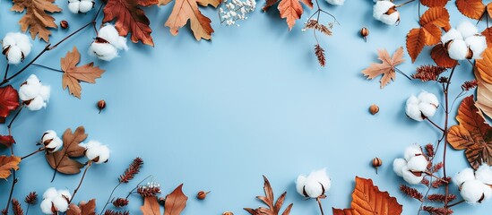 Wall Mural - Autumn themed flat lay showcasing a frame of cotton flowers and dried leaves on a light blue background conveying the essence of the fall season with a top view and copy space image