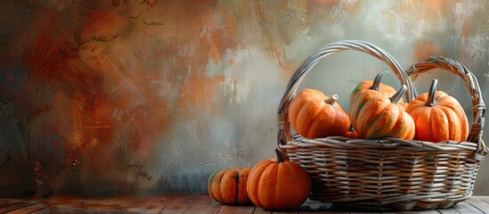Poster - Autumnal holiday background featuring pumpkins in a wicker basket set against a rustic backdrop ideal for Halloween and Thanksgiving themes with ample copy space image