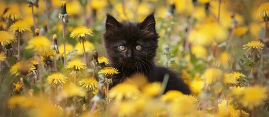 Poster - A black kitten with fluffy fur is concealed amidst vivid yellow dandelions in a horizontal banner style image with copy space