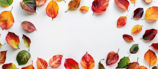 Aufkleber - Autumn themed frame featuring vibrant fall leaves against a white backdrop in a flat lay composition with a top view and ample copy space image