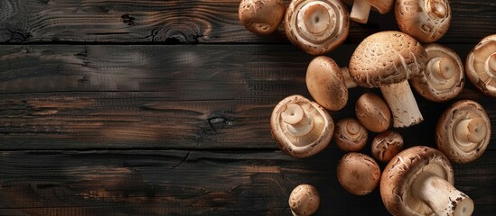 Poster - Top down view of champignons mushrooms displayed on a dark wooden surface with ample copy space image available for text