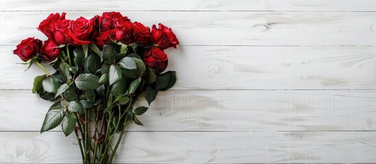 Aufkleber - A bold bouquet of red roses displayed as a gift on a sleek white wooden table hinting at celebrations like Women s Day or St Valentine s with plenty of room for a creative copy space image