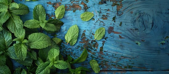 Canvas Print - Close up view of vibrant wild mint leaves and branches on a blue wooden table background with copy space image