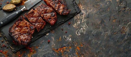 Aufkleber - Cowboy steak grilled to perfection on a knife over a stone backdrop ideal for adding text in the copy space image
