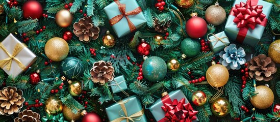 Poster - Close up image of a well decorated Christmas tree with gifts colorful ornaments ribbons and garlands suitable as an abstract background for holiday cards with copy space