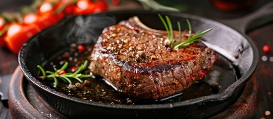 Poster - Cooking steak on a cast iron pan set against a background with ample copy space image