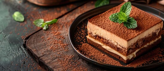 Poster - An appetizing tiramisu dessert set on a dark wooden backdrop adorned with fresh mint featuring ample copy space image for added creativity