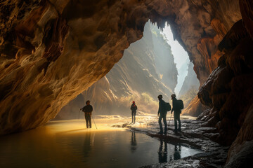 Canvas Print - Adventurers exploring vast underground cave