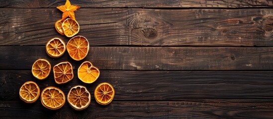 Poster - Dark wooden background showcases a Christmas tree crafted from dried oranges offering copy space within the image