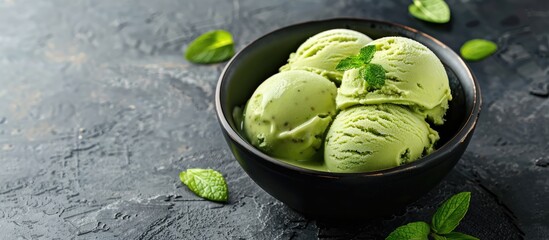 Poster - Avocado flavored ice cream ready to eat garnished with a mint leaf in a copy space image