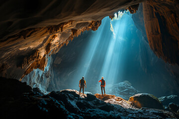 Canvas Print - Explorers spelunking in deep cave