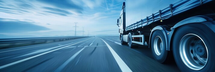 Poster - A semi-truck drives down a highway with a clear blue sky and an open horizon in the distance. Generative AI