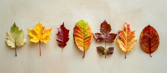 Aufkleber - Autumn leaves arranged on a beige surface creating a flat lay composition with copy space for text