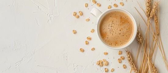 Poster - Barley coffee cup with grains and spikes arranged on a white table in a flat lay composition providing copy space image