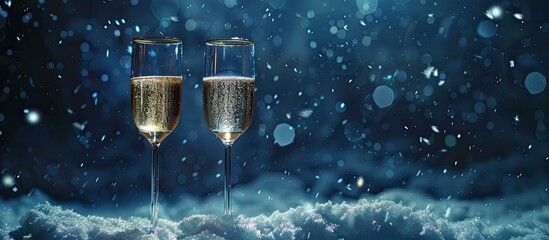 Poster - Celebrate with two champagne glasses set against a snowy night background offering plentiful copy space image