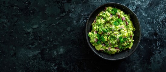 Aufkleber - Avocado guacamole in a grey bowl set against a dark backdrop featuring a top view for a copy space image