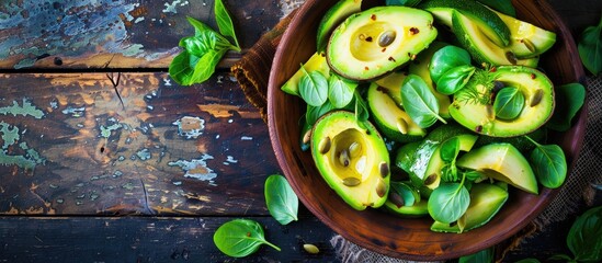 Wall Mural - Avocado salad placed on a rustic table with copy space image featuring fresh green leaves as a meal or snack