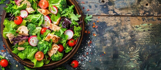 Aufkleber - Chicken salad with a variety of fresh vegetables like tomatoes radishes and mixed lettuce creating a wholesome meal or snack on a rustic table with a copy space image for a keto or paleo diet