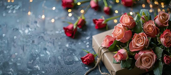Poster - Top view of a bouquet of fresh roses in a gift box on a gray table creating a flat lay composition with bokeh lights in the background creating a copy space image