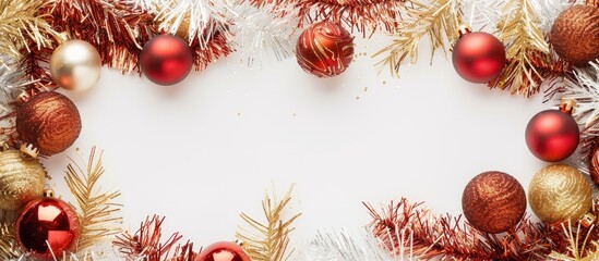 Poster - Top view flat lay of decorative frame on white backdrop with tinsel and Christmas balls ideal for holiday greetings portrays a festive Copy space image for Christmas and New Year celebrations