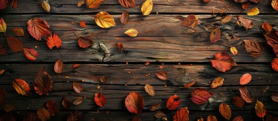 Aufkleber - Autumn leaves scattered across a grunge background with wooden planks create a rustic and natural ambiance in the copy space image