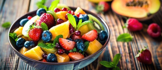 Poster - Close up of a delicious fruit salad in a bowl on a wooden table with copy space image