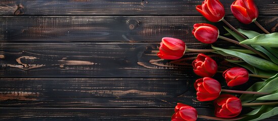 Sticker - Dark wooden background with red tulips in a flat lay top view displaying a lovely composition with copy space image