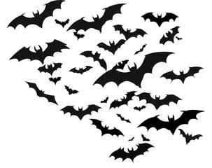 Silhouettes of flying bats on a white background.