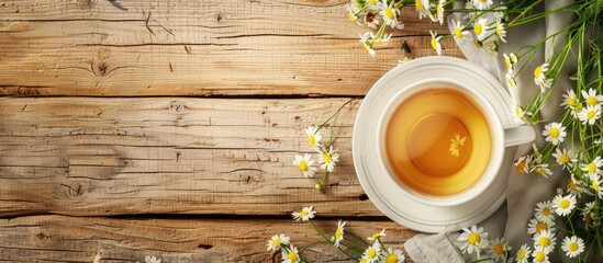 Poster - Chamomile tea displayed on a clean wooden table with available picture space. Creative banner. Copyspace image
