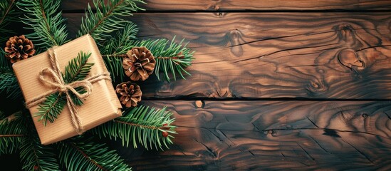 Aufkleber - A Christmas gift box sits beside a pine branch on a wooden table in a top down view leaving room for additional elements in the image