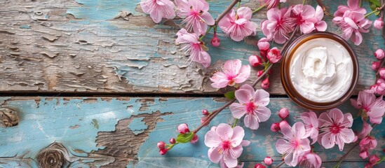Poster - Cream for hands and face featuring pink flowers on a vibrant weathered wooden surface with ample copy space image