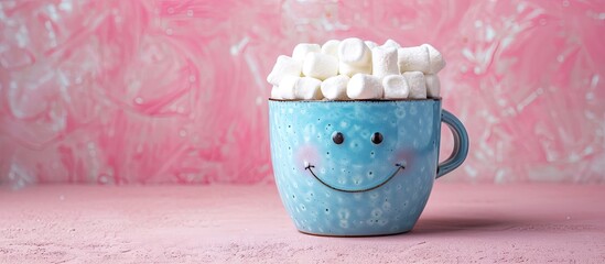 Aufkleber - A blue earthenware glass showcased on its side against a pink paper backdrop overflowing with white marshmallows forming a smile creating a cheerful copy space image