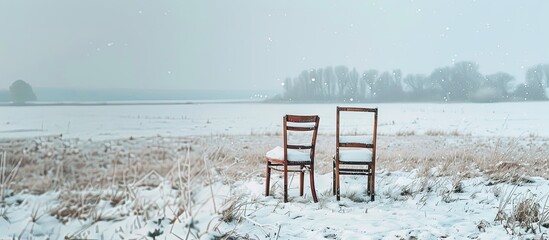 Poster - Creative concept showcasing two chairs on a snowy field with empty space for text or images utilizing copy space image