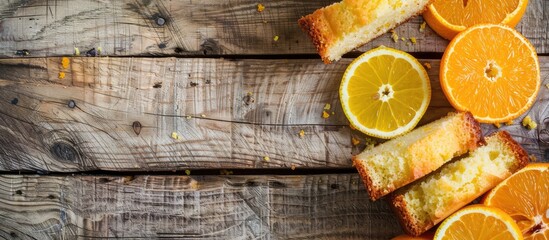 Poster - Citrus cake slices displayed deliciously on a wooden table with copy space image