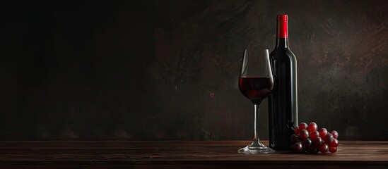 Poster - A dark background sets the stage for a glass and bottle of red wine with room for copy space image