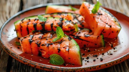 Wall Mural - Grilled watermelon fried on a plate. Selective focus.