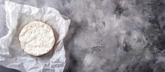 Poster - Top view of Camembert cheese with white mold on parchment paper against a gray cement backdrop creating ample copy space image