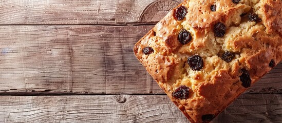 Poster - Close up rustic image of a tasty homemade cake with raisins on a light wooden surface perfect for communication materials with empty space for text. Creative banner. Copyspace image
