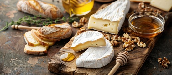 Poster - A cheese platter with Brie slices nuts honey and baguette toast on a wooden board with a copy space image showcasing different Italian and French cheeses like Brie