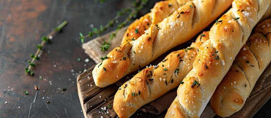 Poster - Delicious breadsticks freshly baked with fresh thyme ideal for food photography with copy space image