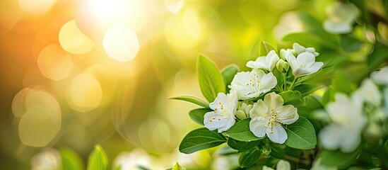 Poster - Beautiful white flowers with green leaves blooming in the garden surrounded by springtime colors perfect for an image with copy space