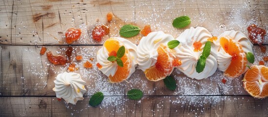 Poster - Close up of a delicious meringue roll topped with jam tangerine slices and mint leaves on a rustic wooden surface ideal for a copy space image