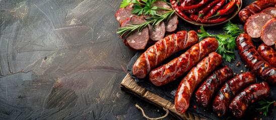 Aufkleber - An assortment of smoked sausage made from pork and beef lies as an appetizing snack on a rustic tabletop with copy space perfect for a meal or food background