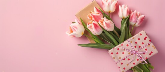 Poster - A bouquet of tulips and a gift box in flower patterned wrapping on a pink background with copy space image
