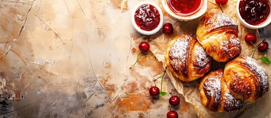 Aufkleber - Delicious pastries with cherry jam on a bright background with copy space image